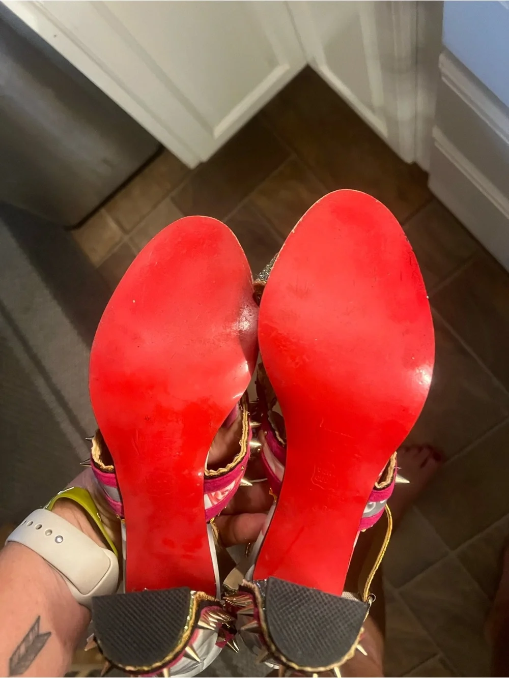 Christian Louboutin Gold and Pink Studded Ankle-Strap Heels